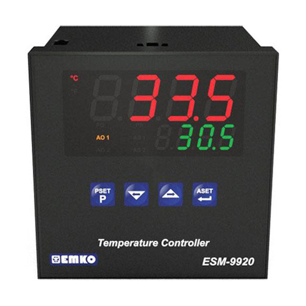 Temperature controller with digital display and buttons on a white background