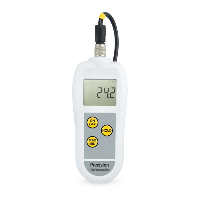 Digital thermometer with a white body and black cable on a white background