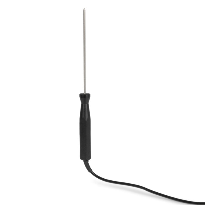 Black meat thermometer with a long probe on a white background