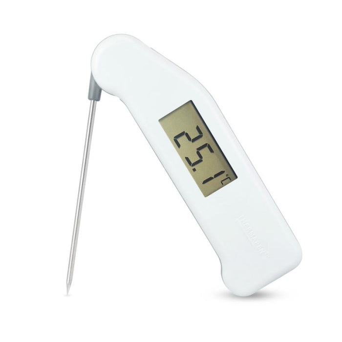 Digital thermometer with a white casing on a white background