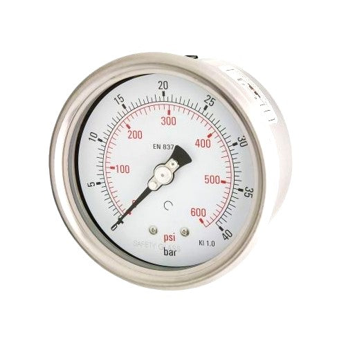 A 100mm (4 inch) analog pressure gauge with a white dial, red markings, and a metal body, indicating bar pressure measurements.