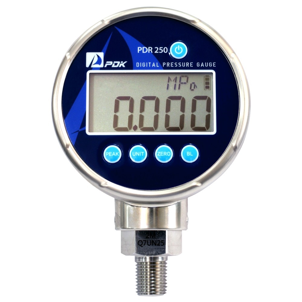 A digital pressure gauge, model PDR250, with a blue and silver color scheme, featuring a digital display and a blue-colored bezel. The gauge has a dial with measurement markings and a pressure port on the side.
