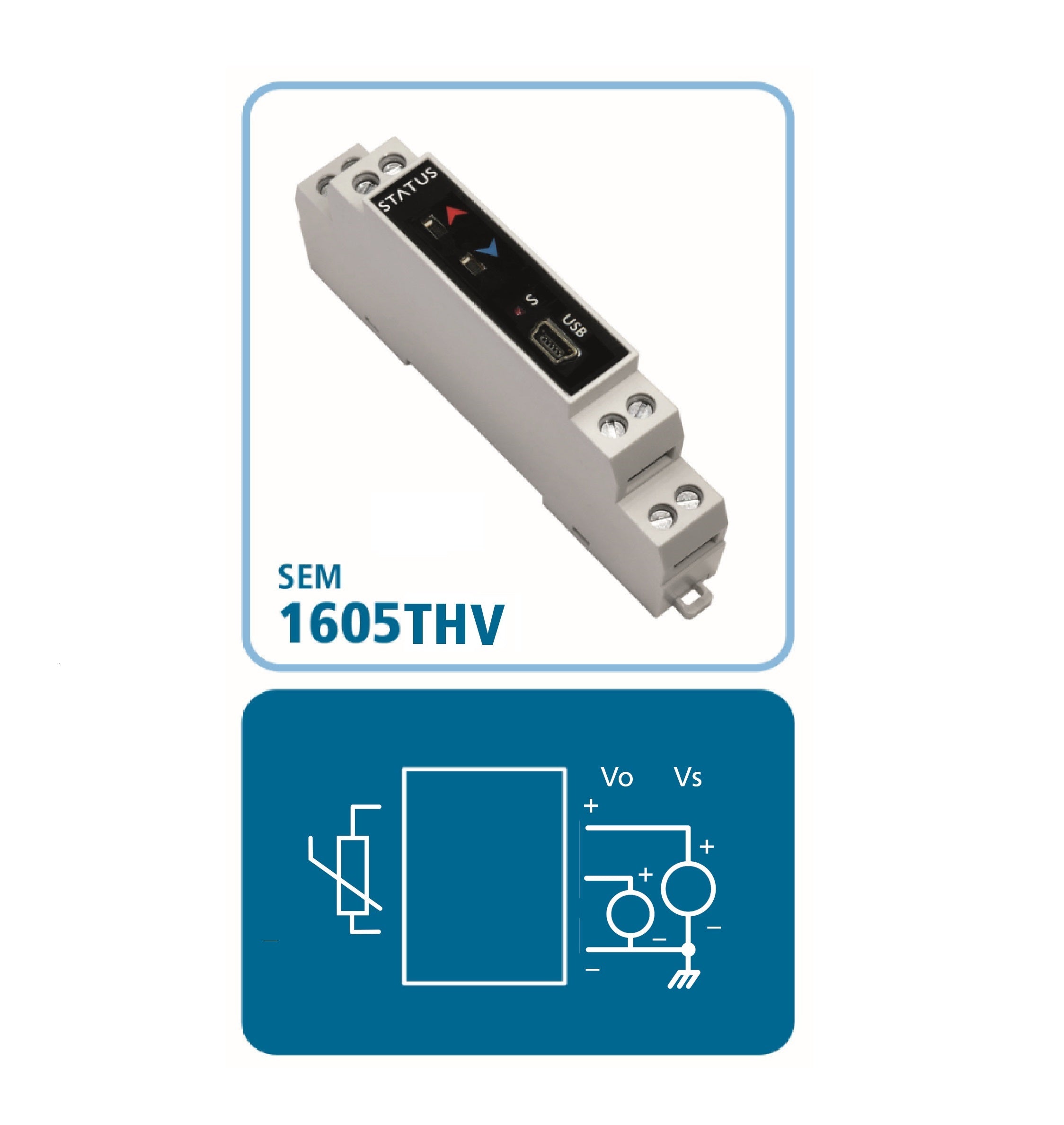 SEM1605TH/V Din Rail Temperature Transmitter Pt1000 & Thermistor Input, Voltage Output