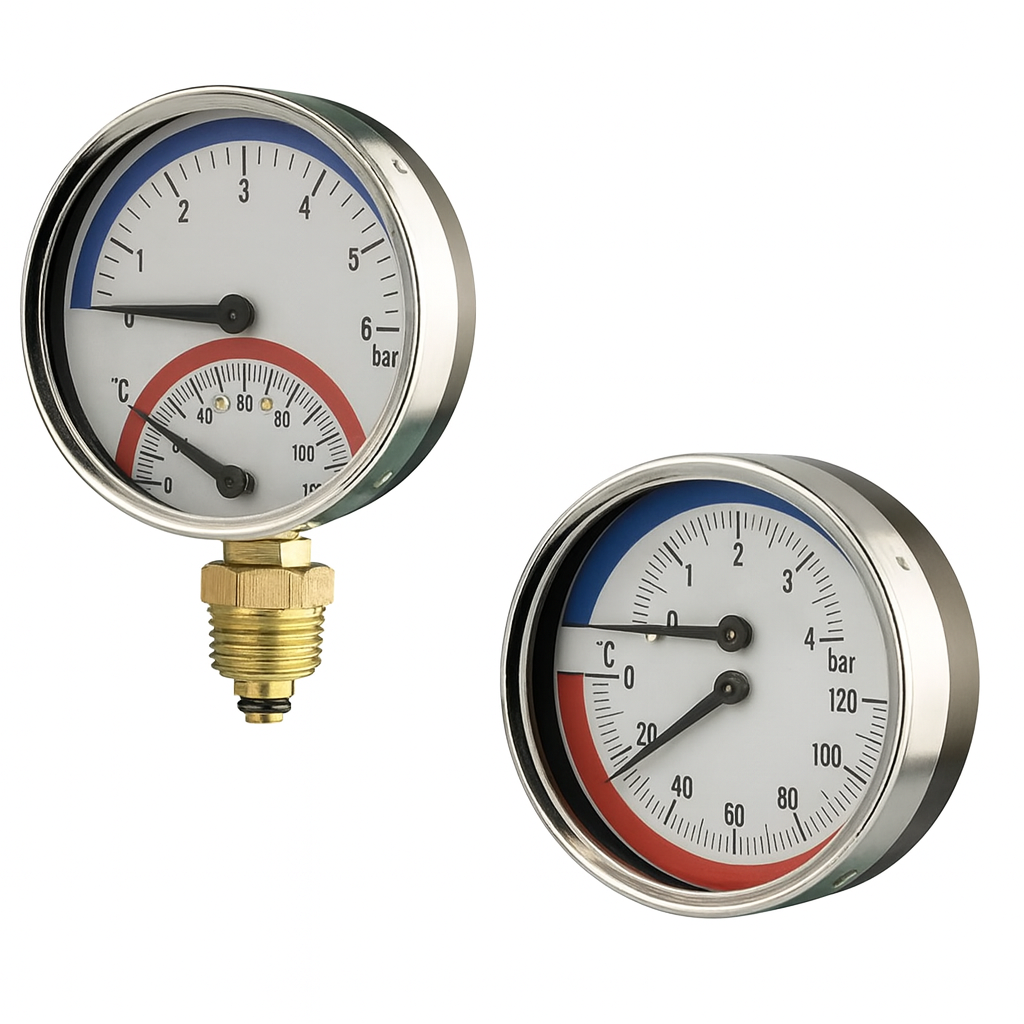 Two pressure gauges with temperature indicator on a white background