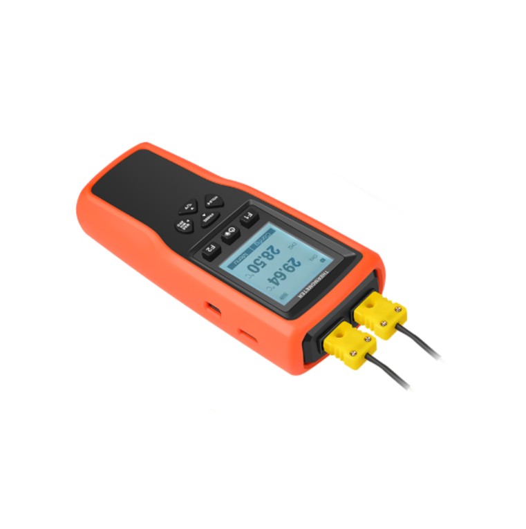 Orange digital thermometer with yellow probes on a white background