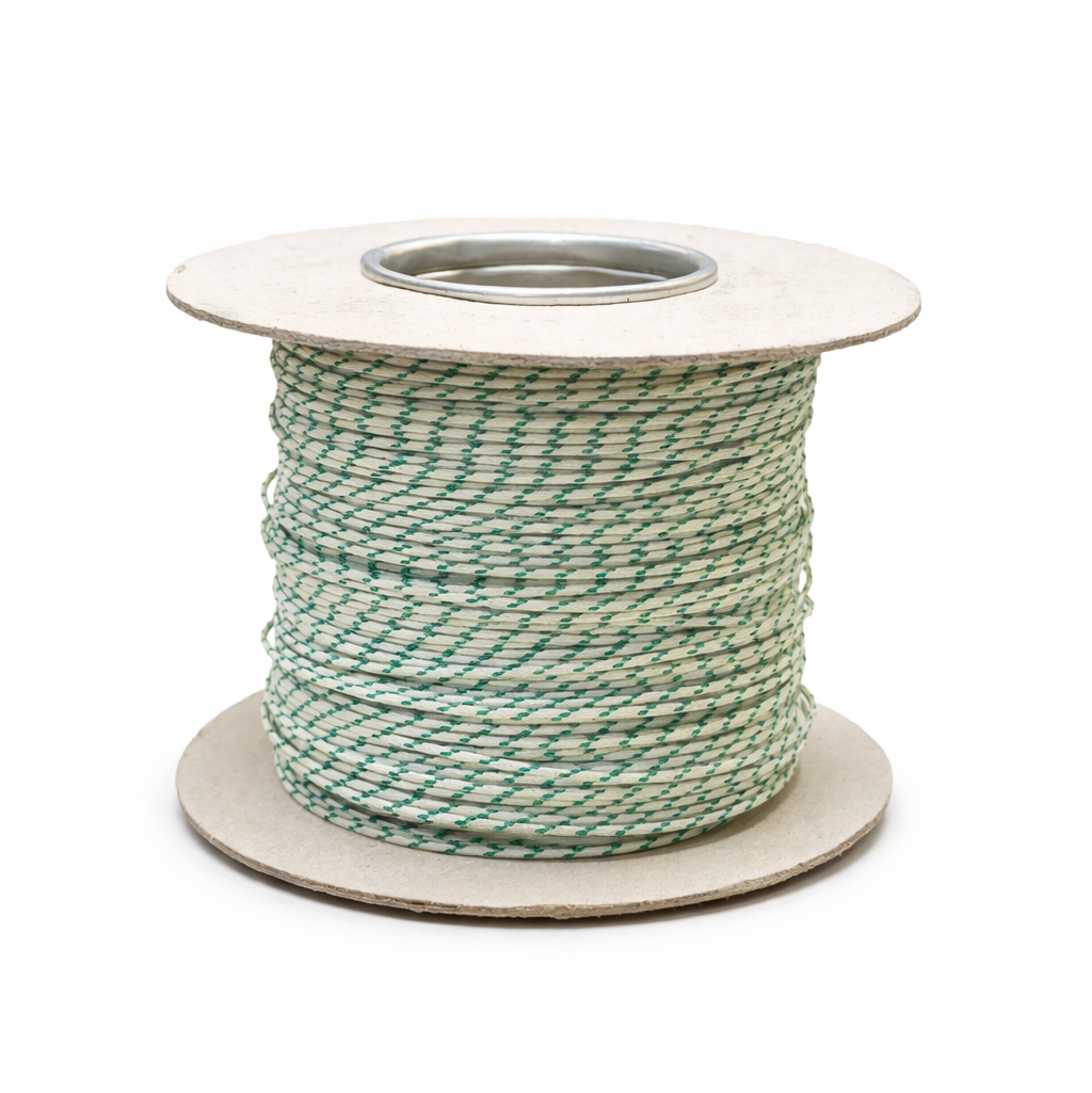 Spool of green and white  glassfibre thermocouple wire on a white background