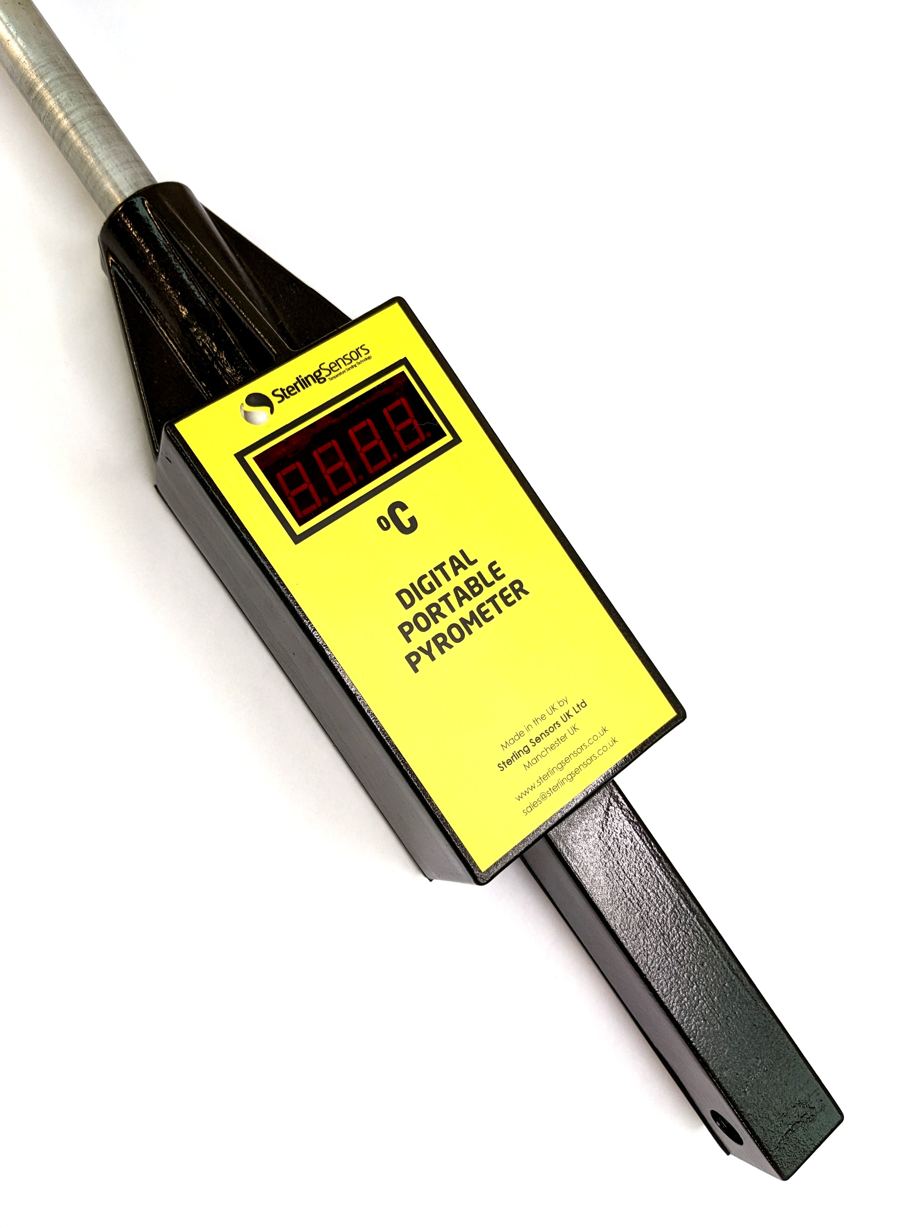 Digital portable pyrometer with yellow label on a white background