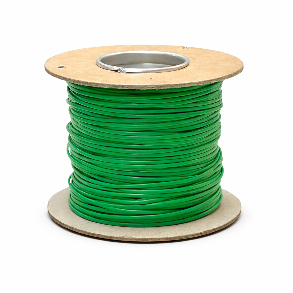 Spool of green wire PFA thermocouple type K  on a wooden reel against a white background