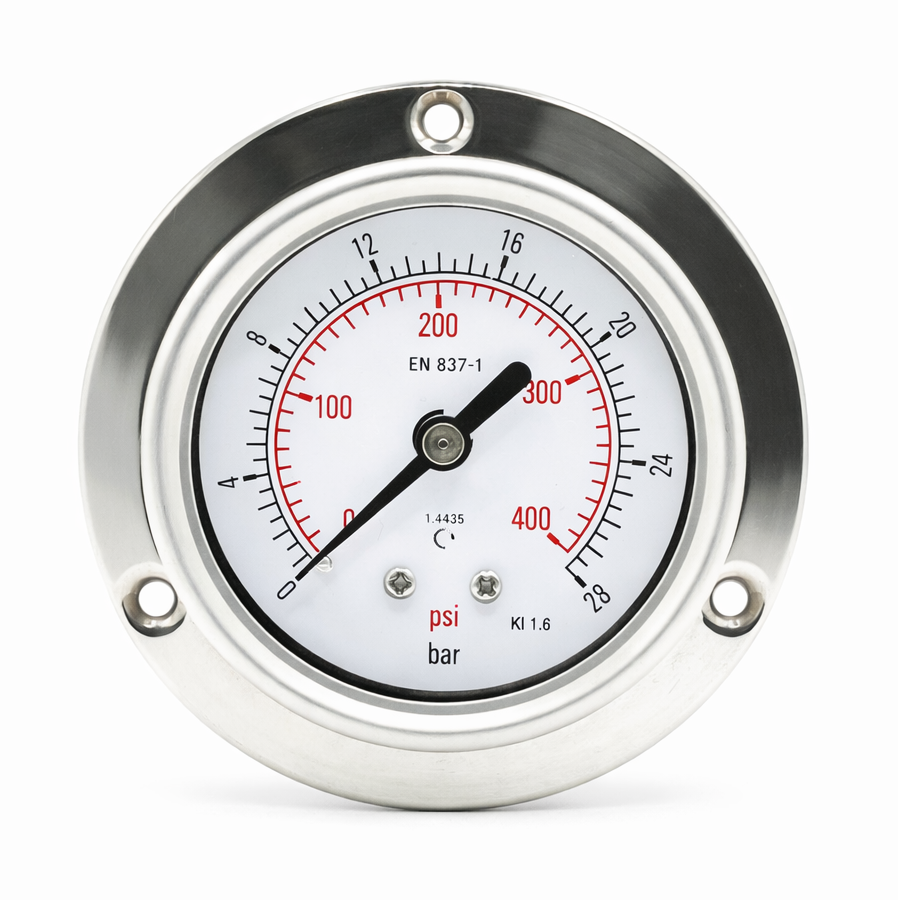 Pressure gauge with white face and silver rim on a white background