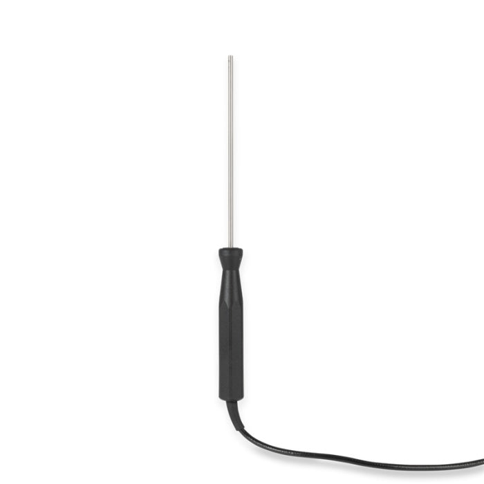 Thermometer probe with black handle and metallic tip on a white background