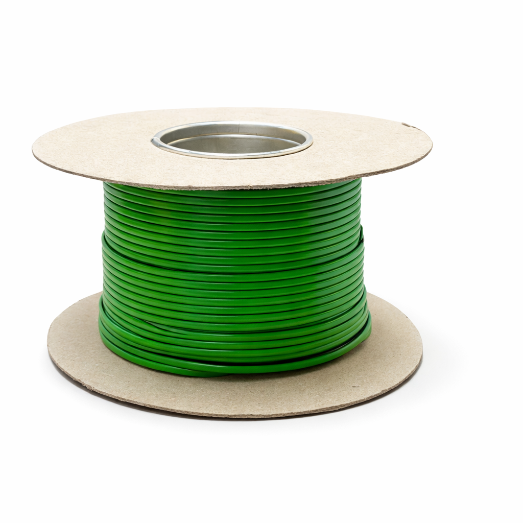 Spool of green PVC thermocouple cable on a white background